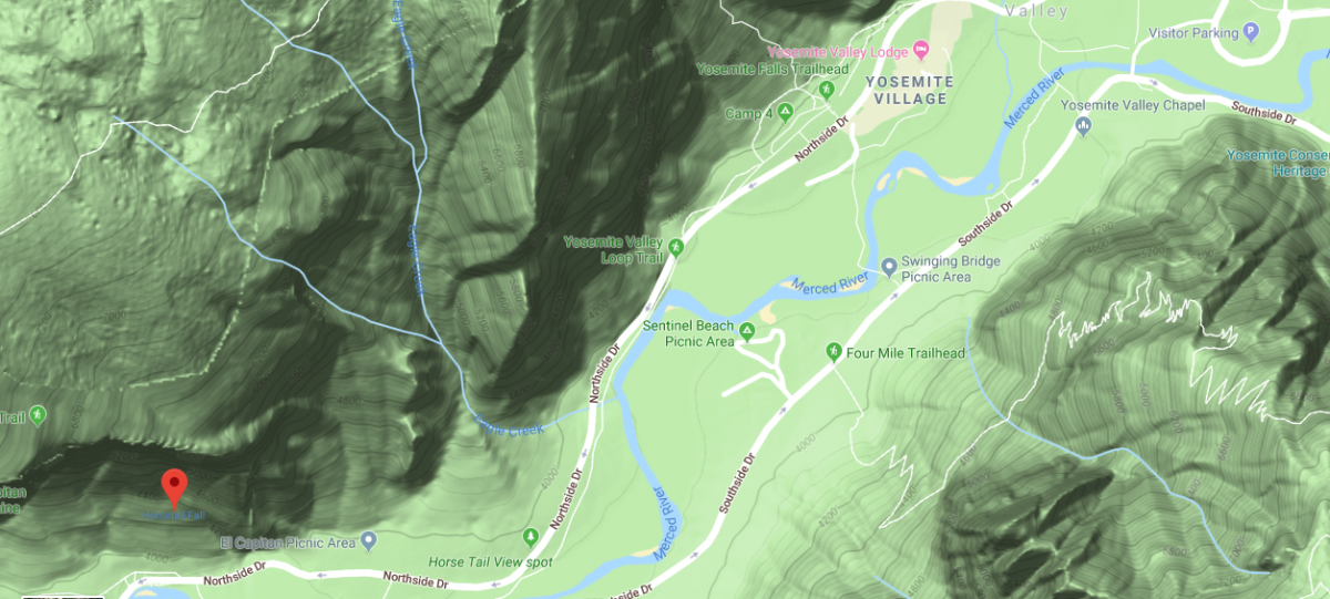 Map of Yosemite Valley showing Horsetail Fall viewing locations