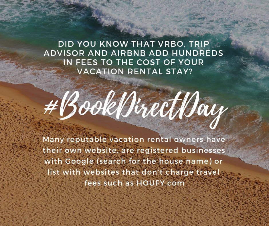 Image of sandy beach with #BookDirectDay hashtag and text