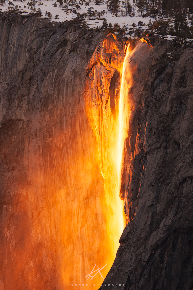 Photo of Horsetail Fall glowing orange in a February sunset