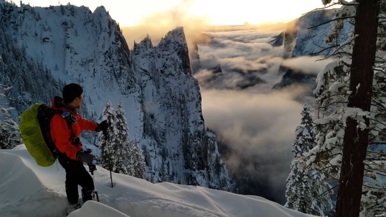 Sunset view of Yosemite valley after fresh snow