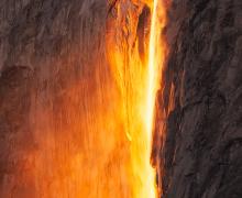 Photo of Horsetail Fall glowing orange in a February sunset